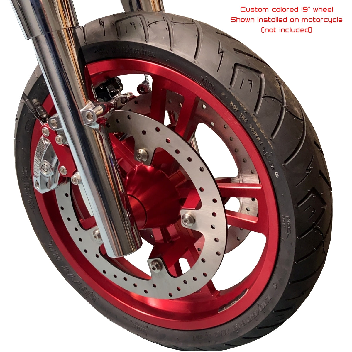 GeezerEngineering custom colored 19" front wheel in red with 14" brake rotors for Harley