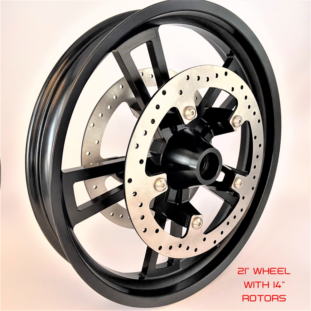 GeezerEngineering 19" or 21" front wheel with 14" rotors for Harley