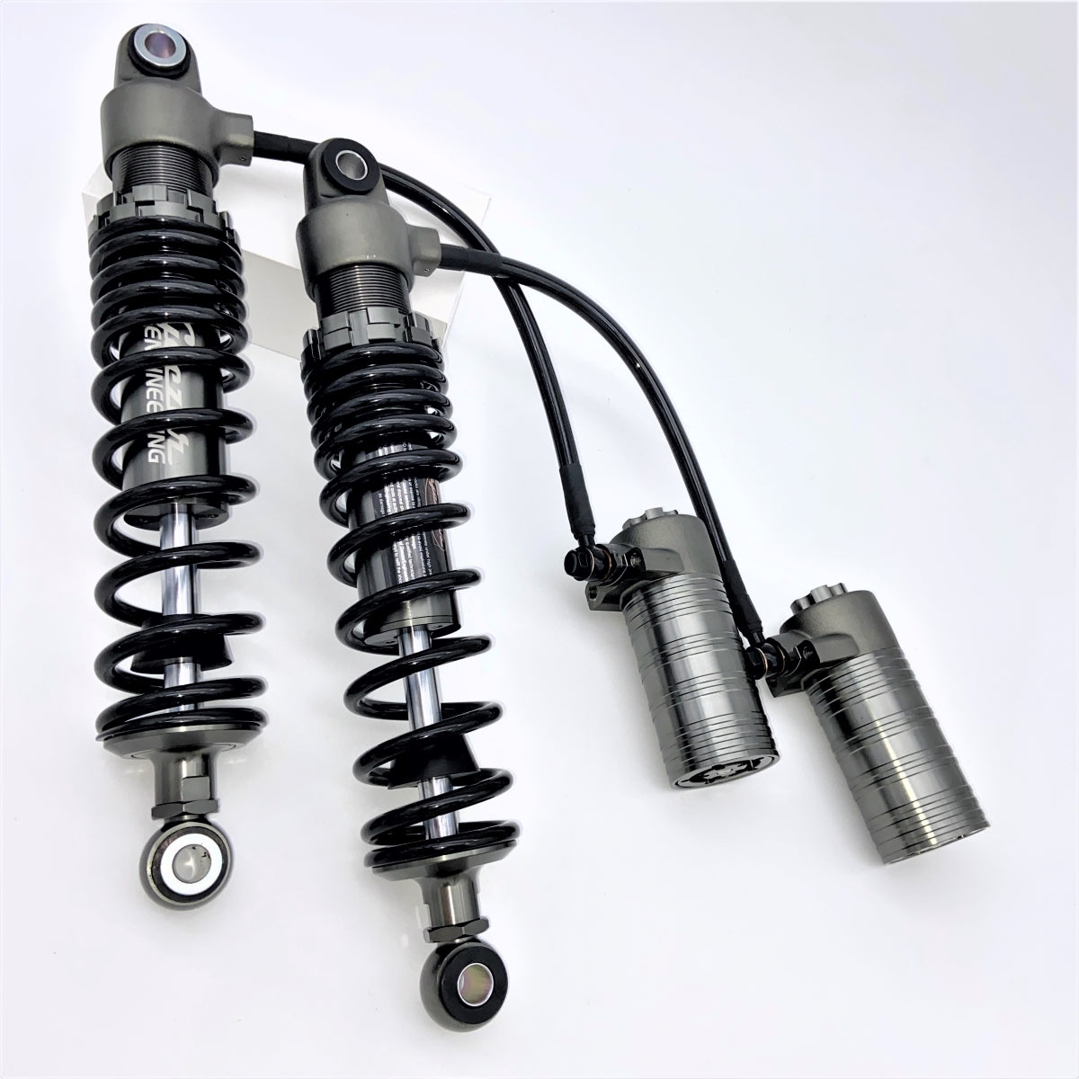 GeezerEngineering Nitrogen Shocks with offset Reservoirs for Harley